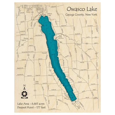 Bathymetric topo map of Owasco Lake, NY with roads, towns and depths noted in blue water.