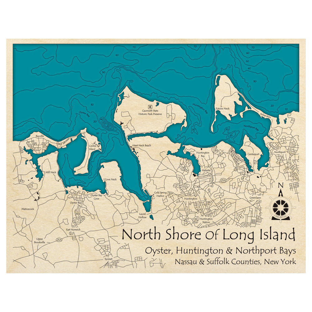 Bathymetric topo map of North Shore of Long Island, NY with roads, towns and depths noted in blue water.