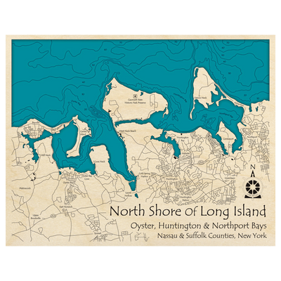 Bathymetric topo map of North Shore of Long Island, NY with roads, towns and depths noted in blue water.