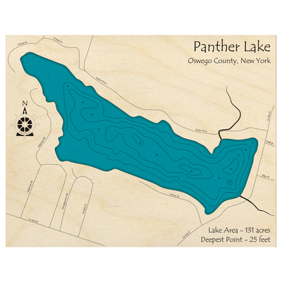 Bathymetric topo map of Panther Lake, NY with roads, towns and depths noted in blue water.