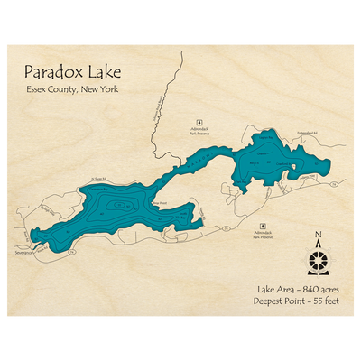 Bathymetric topo map of Paradox Lake, NY with roads, towns and depths noted in blue water.