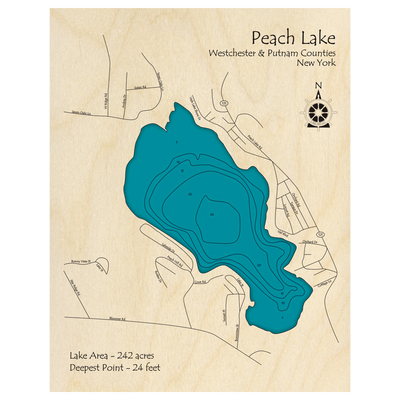 Bathymetric topo map of Peach Lake, NY with roads, towns and depths noted in blue water.