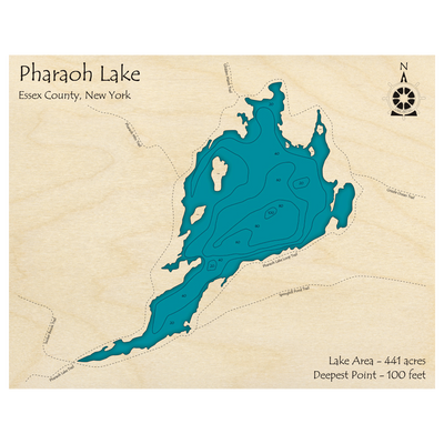 Bathymetric topo map of Pharaoh Lake, NY with roads, towns and depths noted in blue water.