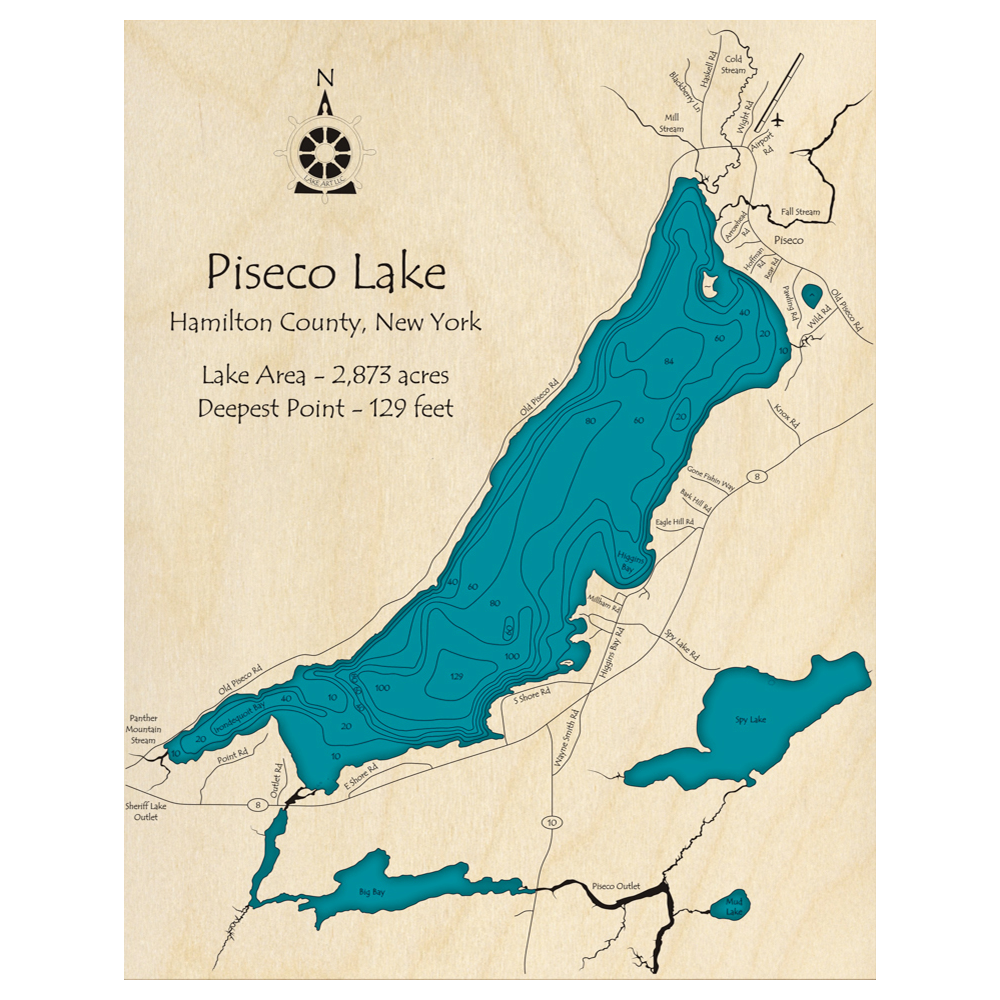 Bathymetric topo map of Piseco Lake, NY with roads, towns and depths noted in blue water.