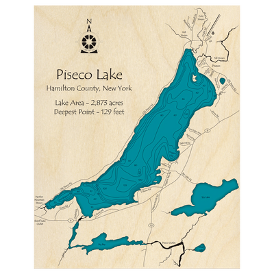 Bathymetric topo map of Piseco Lake, NY with roads, towns and depths noted in blue water.