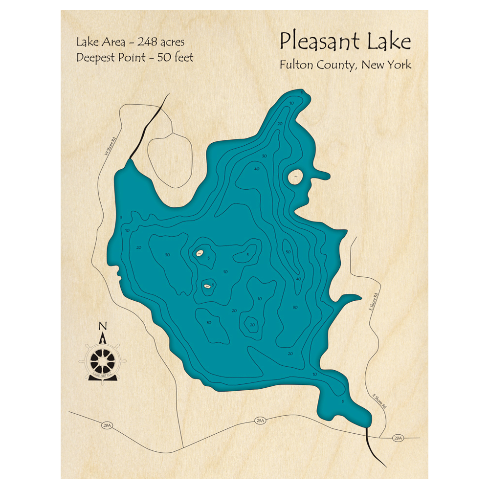 Bathymetric topo map of Pleasant Lake, NY with roads, towns and depths noted in blue water.