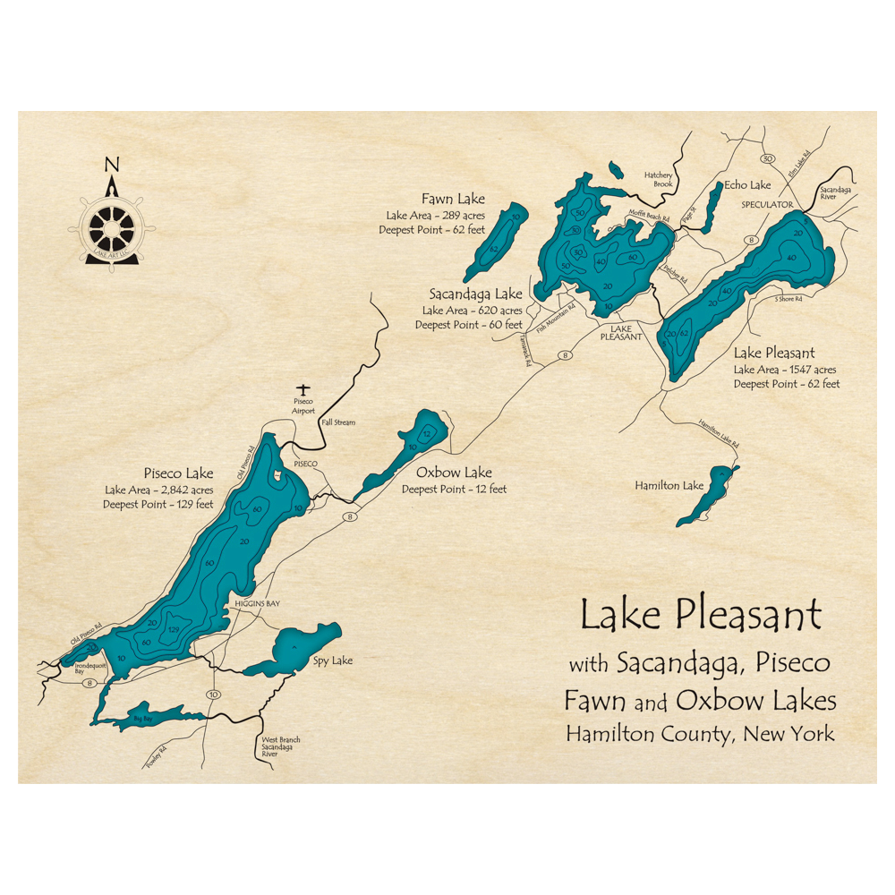 Bathymetric topo map of Lake Pleasant, NY with roads, towns and depths noted in blue water.