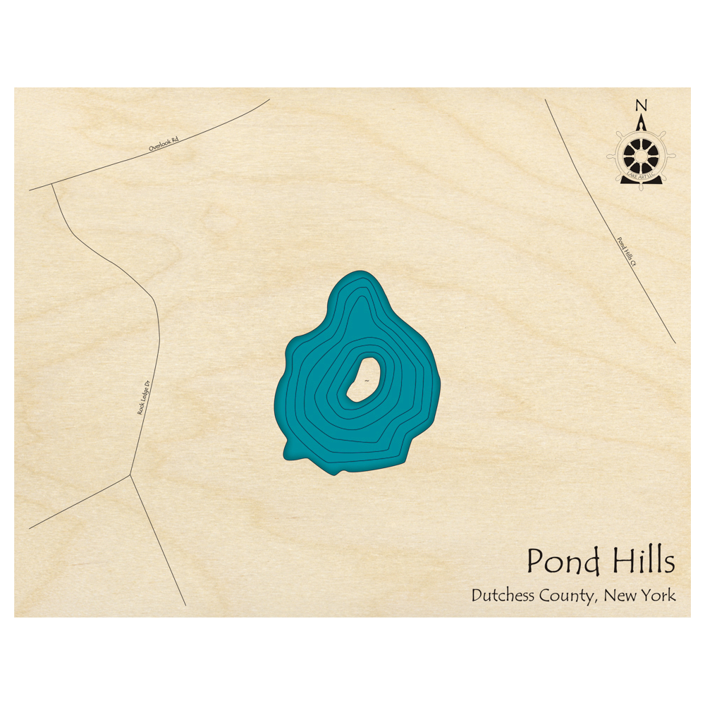 Bathymetric topo map of Pond Hills, NY with roads, towns and depths noted in blue water.