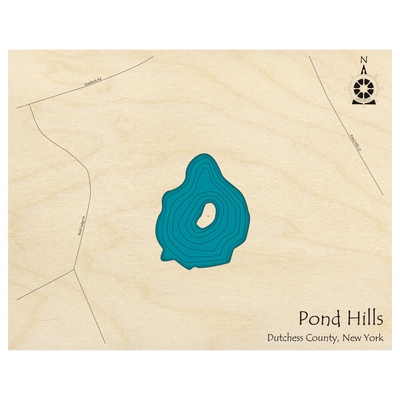 Bathymetric topo map of Pond Hills, NY with roads, towns and depths noted in blue water.