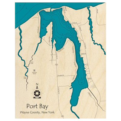 Bathymetric topo map of Port Bay, NY with roads, towns and depths noted in blue water.