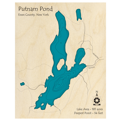 Bathymetric topo map of Putnam Pond, NY with roads, towns and depths noted in blue water.