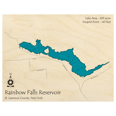 Bathymetric topo map of Rainbow Falls Reservoir, NY with roads, towns and depths noted in blue water.