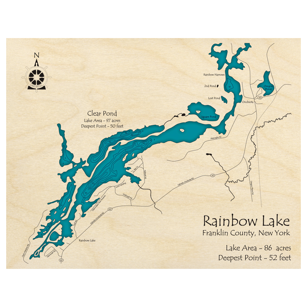 Bathymetric topo map of Rainbow Lake, NY with roads, towns and depths noted in blue water.
