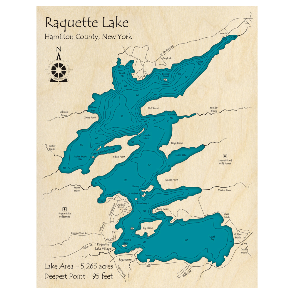 Bathymetric topo map of Raquette Lake, NY with roads, towns and depths noted in blue water.