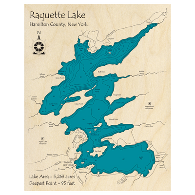 Bathymetric topo map of Raquette Lake, NY with roads, towns and depths noted in blue water.