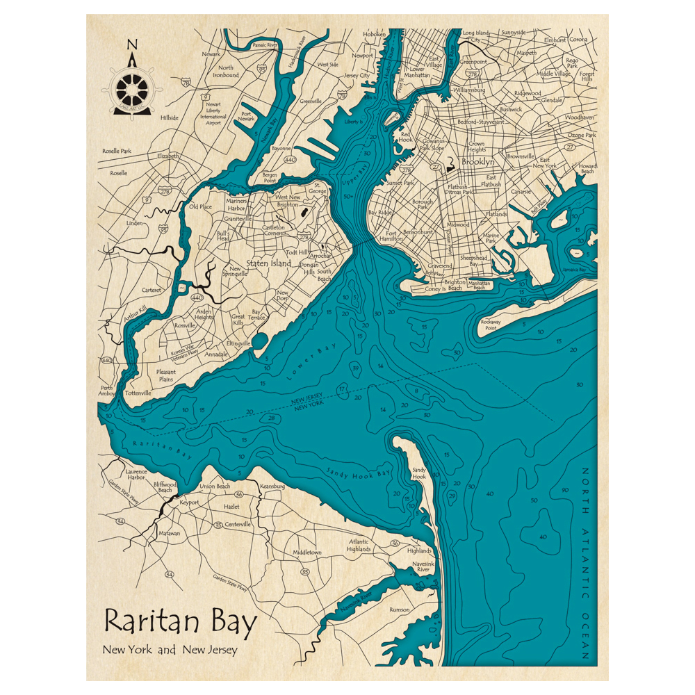 Bathymetric topo map of Raritan Bay- Upper Bay- Lower Bay, NY with roads, towns and depths noted in blue water.