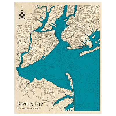 Bathymetric topo map of Raritan Bay- Upper Bay- Lower Bay, NY with roads, towns and depths noted in blue water.