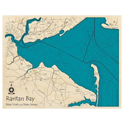 Bathymetric topo map of Raritan Bay (NY, NJ) with roads, towns and depths noted in blue water.