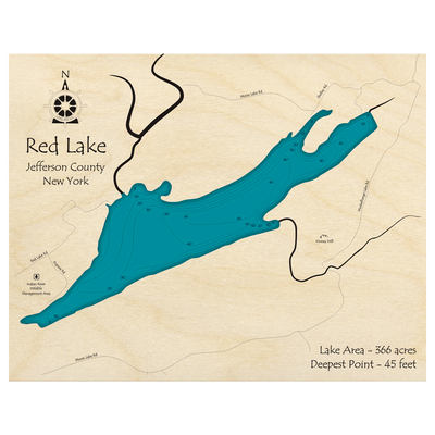 Bathymetric topo map of Red Lake, NY with roads, towns and depths noted in blue water.