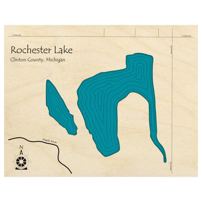 Bathymetric topo map of Rochester Lake, MI with roads, towns and depths noted in blue water.