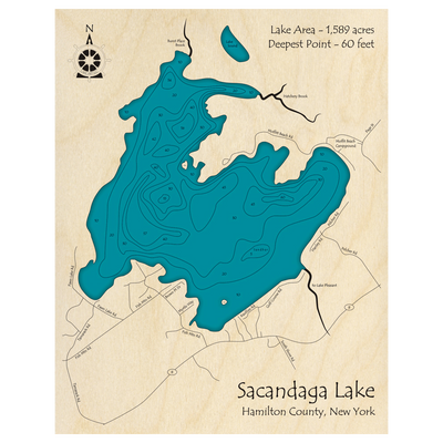 Bathymetric topo map of Sacandaga Lake, NY with roads, towns and depths noted in blue water.