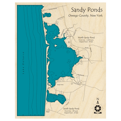Bathymetric topo map of Sandy Ponds, NY with roads, towns and depths noted in blue water.