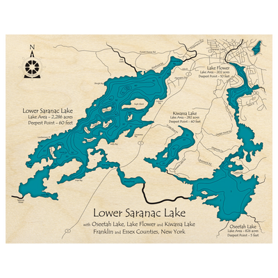 Bathymetric topo map of Saranac Lake, NY with roads, towns and depths noted in blue water.