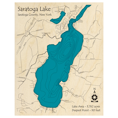 Bathymetric topo map of Saratoga Lake, NY with roads, towns and depths noted in blue water.