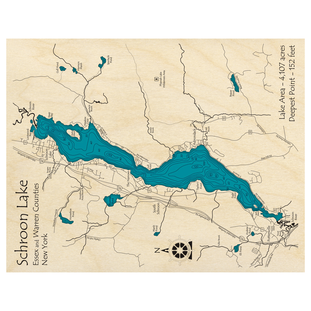 Bathymetric topo map of Schroon Lake, NY with roads, towns and depths noted in blue water.