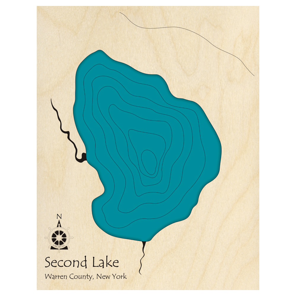 Bathymetric topo map of Second Lake, NY with roads, towns and depths noted in blue water.