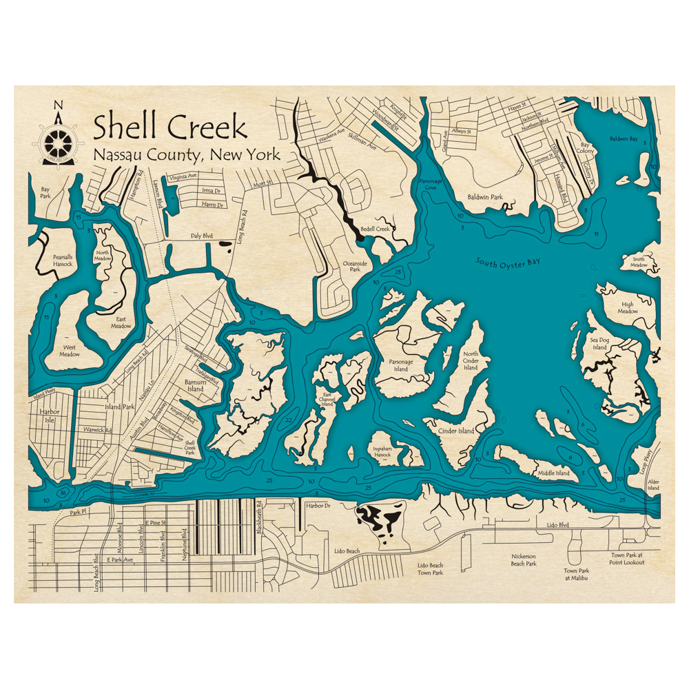 Bathymetric topo map of Shell Creek, NY with roads, towns and depths noted in blue water.