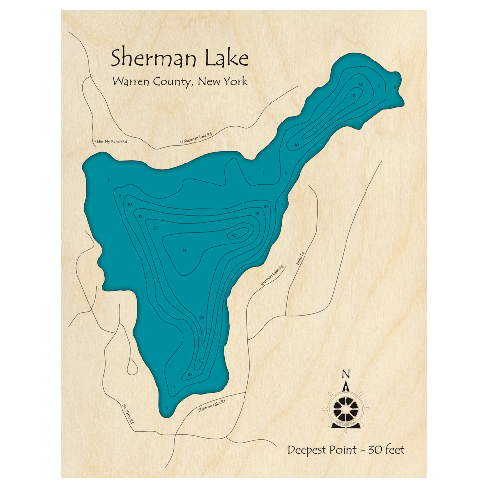 Bathymetric topo map of Sherman Lake, NY with roads, towns and depths noted in blue water.