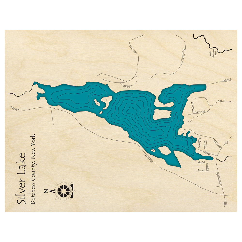 Bathymetric topo map of Silver Lake, NY with roads, towns and depths noted in blue water.