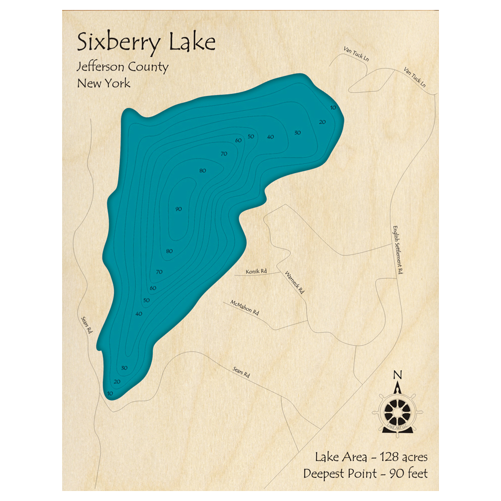Bathymetric topo map of Sixberry Lake, NY with roads, towns and depths noted in blue water.