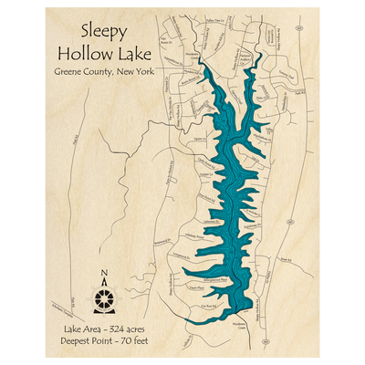 Bathymetric topo map of Sleepy Hollow Lake, NY with roads, towns and depths noted in blue water.