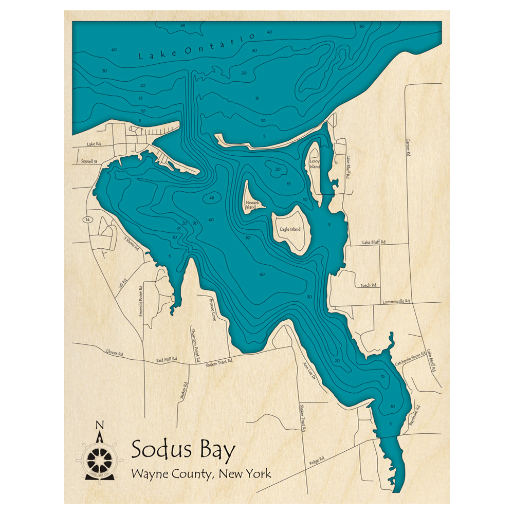 Bathymetric topo map of Sodus Bay, NY with roads, towns and depths noted in blue water.