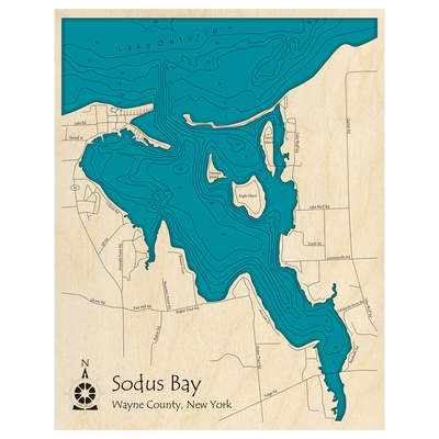Bathymetric topo map of Sodus Bay, NY with roads, towns and depths noted in blue water.