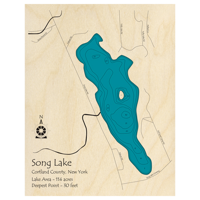 Bathymetric topo map of Song Lake, NY with roads, towns and depths noted in blue water.