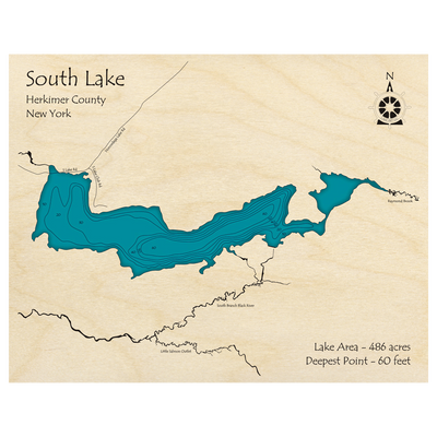 Bathymetric topo map of South Lake, NY with roads, towns and depths noted in blue water.