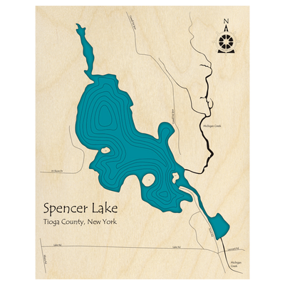 Bathymetric topo map of Spencer Lake, NY with roads, towns and depths noted in blue water.