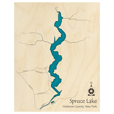 Bathymetric topo map of Spruce Lake, NY with roads, towns and depths noted in blue water.