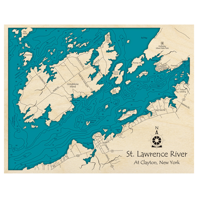 Bathymetric topo map of St Lawrence River, NY with roads, towns and depths noted in blue water.