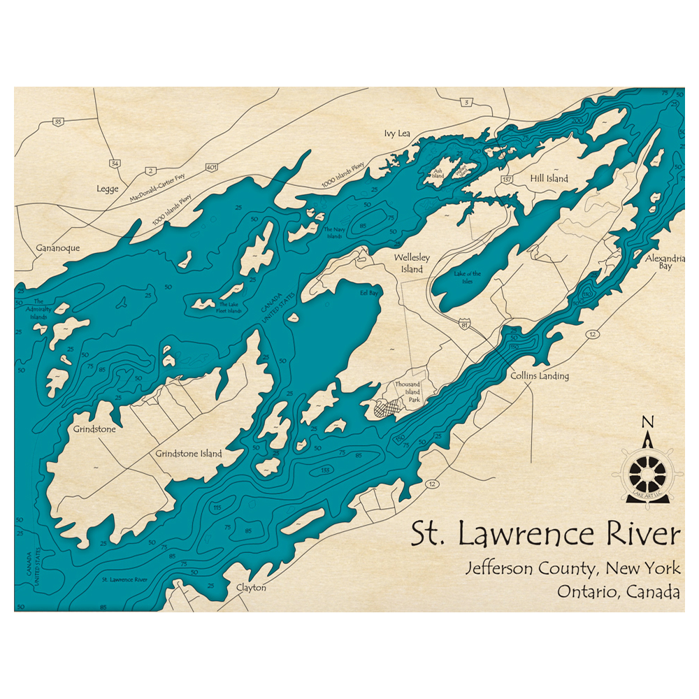Bathymetric topo map of Thousand Islands, NY with roads, towns and depths noted in blue water.