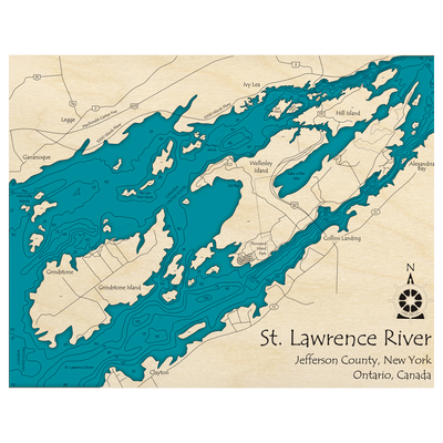 Bathymetric topo map of Thousand Islands, NY with roads, towns and depths noted in blue water.