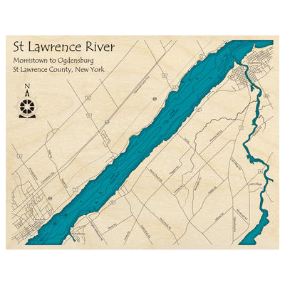 Bathymetric topo map of St Lawrence River, NY with roads, towns and depths noted in blue water.