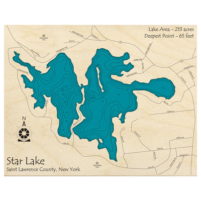 Bathymetric topo map of Star Lake, NY with roads, towns and depths noted in blue water.