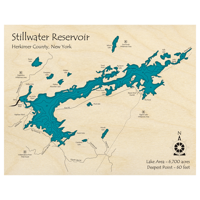 Bathymetric topo map of Stillwater Reservoir, NY with roads, towns and depths noted in blue water.