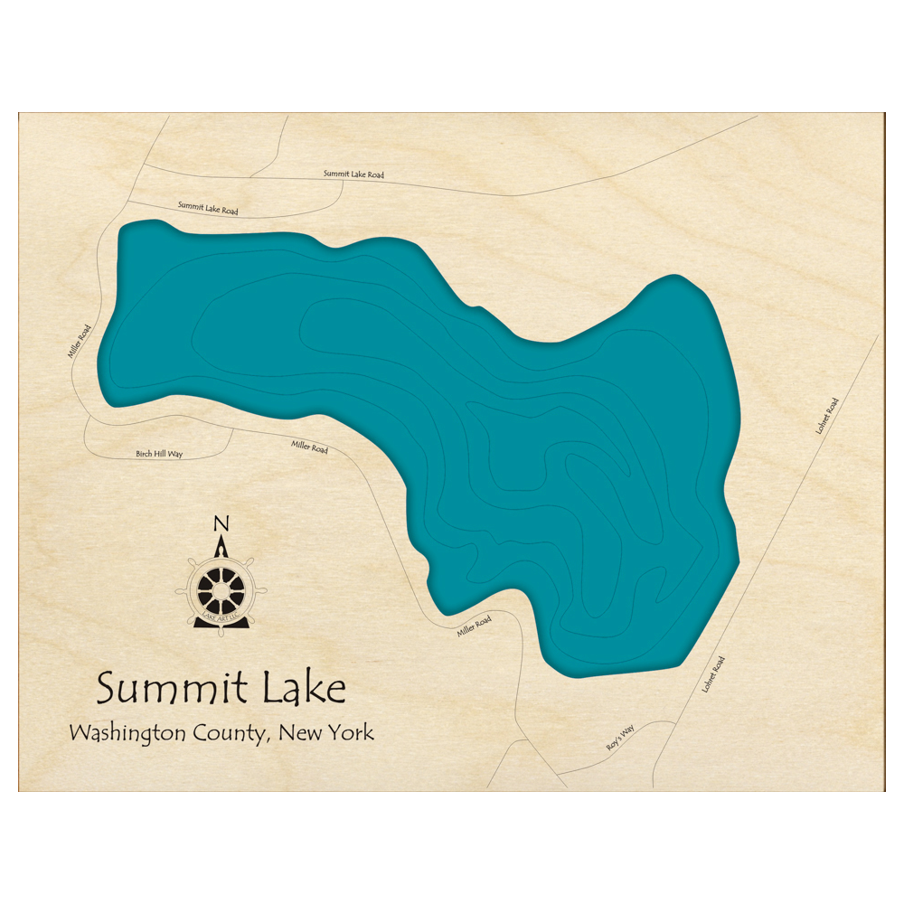 Bathymetric topo map of Summit Lake, NY with roads, towns and depths noted in blue water.
