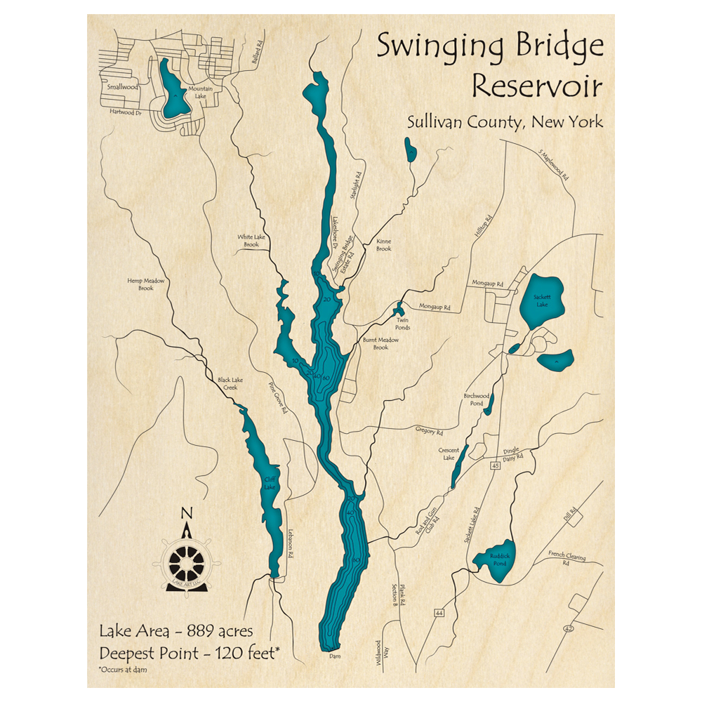 Bathymetric topo map of Swinging Bridge Reservoir, NY with roads, towns and depths noted in blue water.