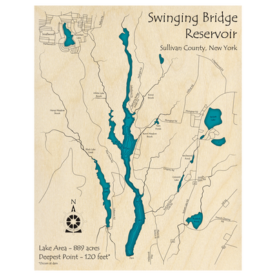 Bathymetric topo map of Swinging Bridge Reservoir, NY with roads, towns and depths noted in blue water.